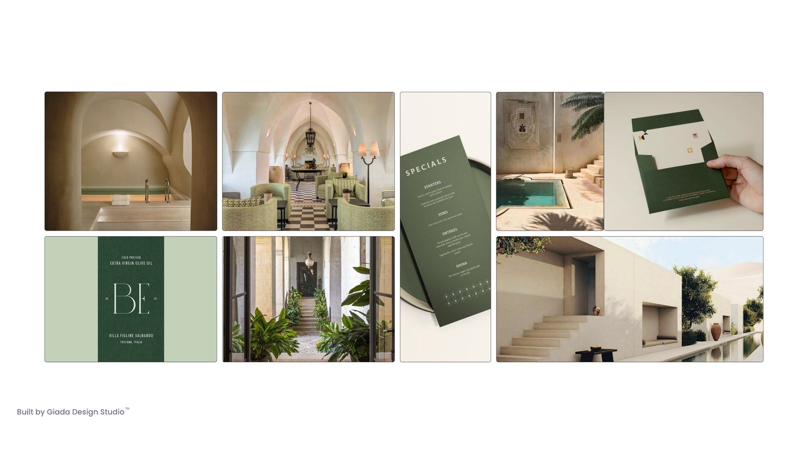 Board di riferimenti Apulia: interni con archi e volte, una piscina minimalista, un menu verde e etichette di prodotti, in verde bosco, salvia e toni sabbia