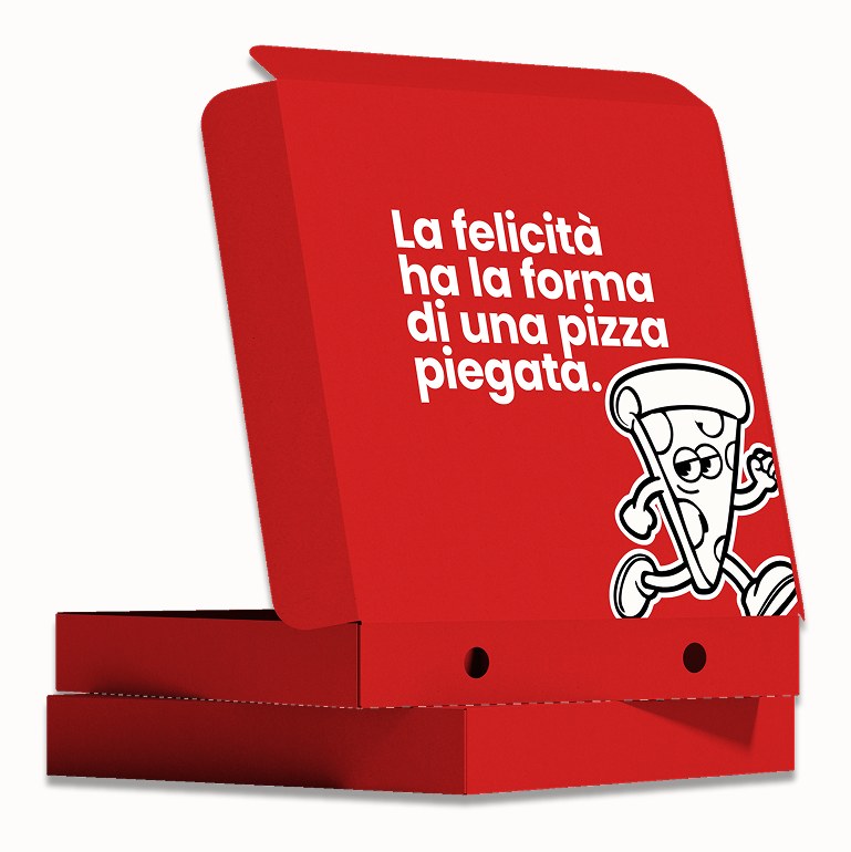 Scatola rossa della pizza con la frase «La felicità ha la forma di una pizza piegata.»