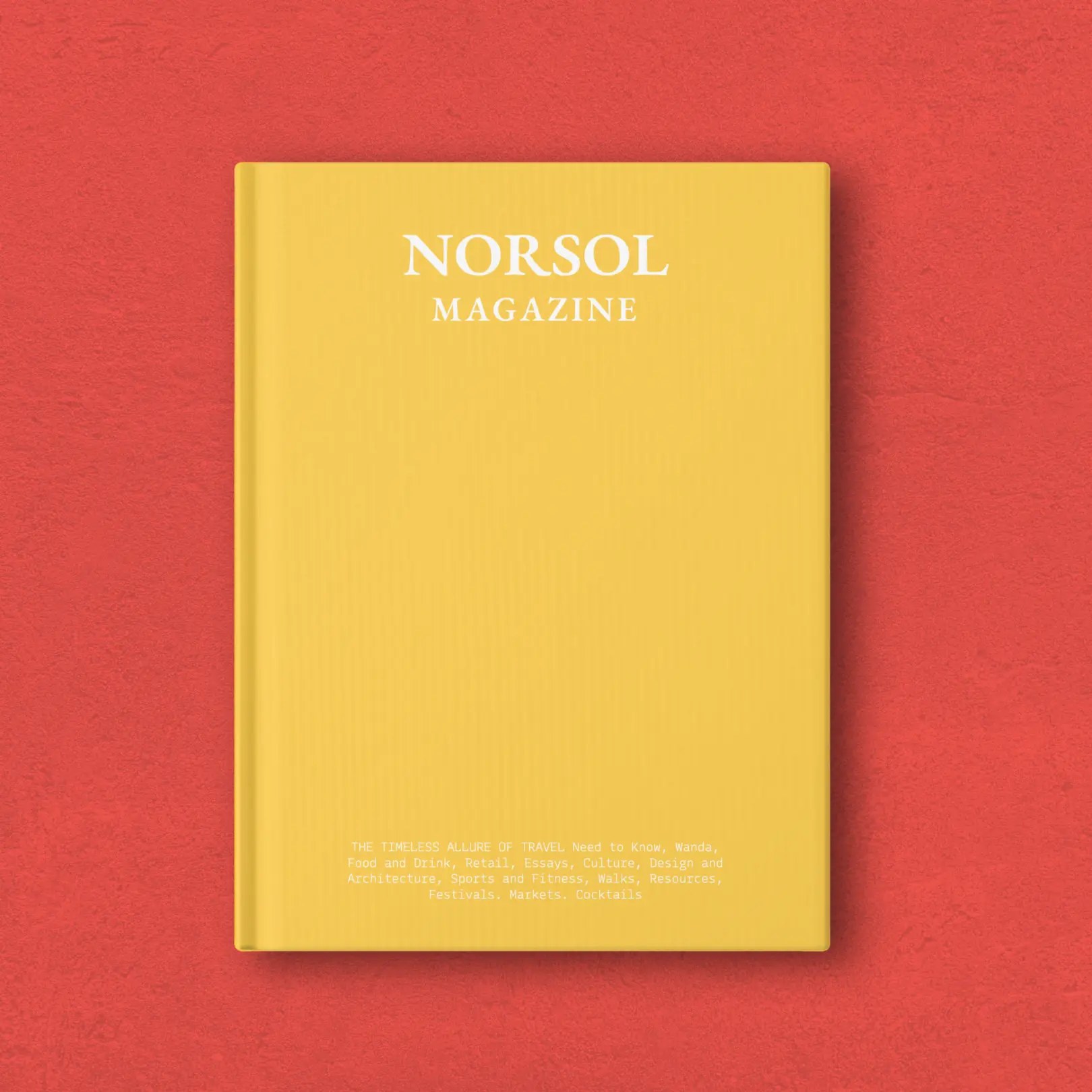 Copertina giallo senape del magazine Norsol con il logotype bianco, su fondo rosso corallo