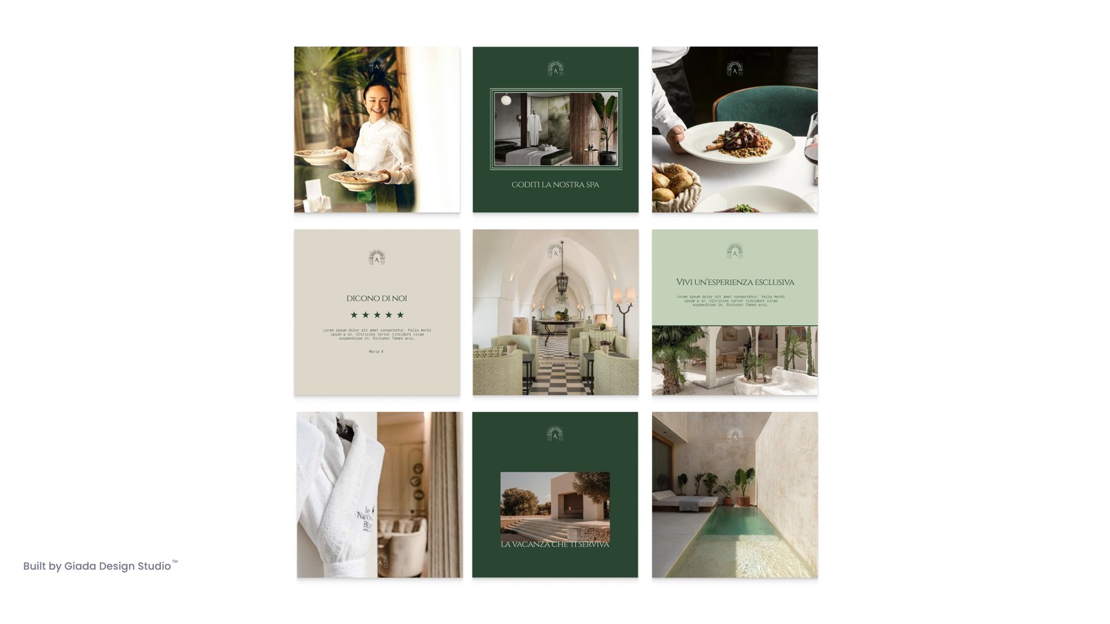 Griglia 3x3 del feed social Apulia: la spa, la recensione di una ospite, l'esperienza esclusiva e la vacanza che ti serviva, con il marchio ad arco in ogni post
