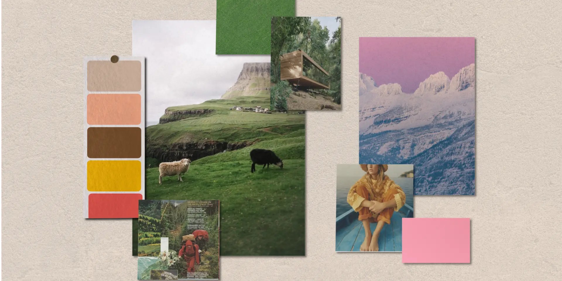 Moodboard Norsol: paesaggi verdi con pecore, montagne, cabine di legno nel bosco, una ragazza su una barca e palette di colori tra salmone, marrone, senape e rosso