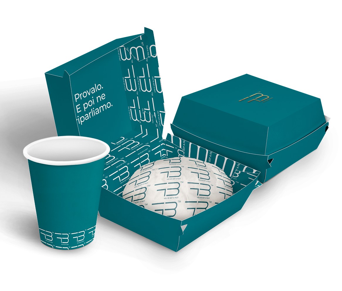 Packaging Filet Burger in verde petrolio: box, bicchiere e carta con il monogramma FB