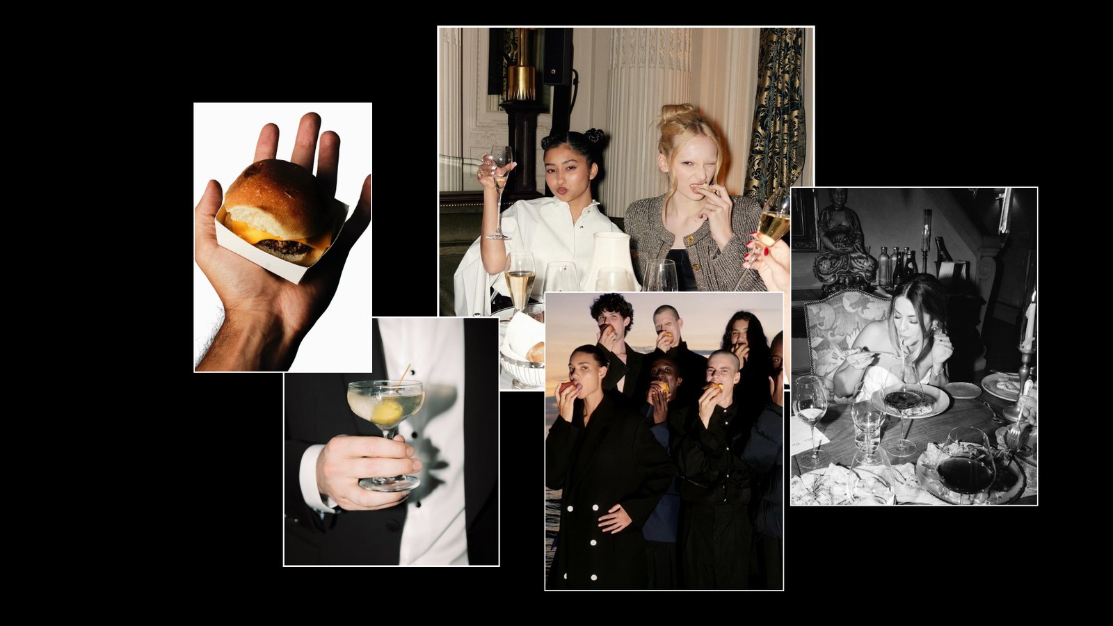Moodboard Filet Burger: cinque fotografie in collage su fondo nero — un hamburger nella vaschetta tenuto nel palmo, un drink in coppa, due ragazze a tavola, un gruppo di modelli che morde un frutto, una donna a tavola in bianco e nero