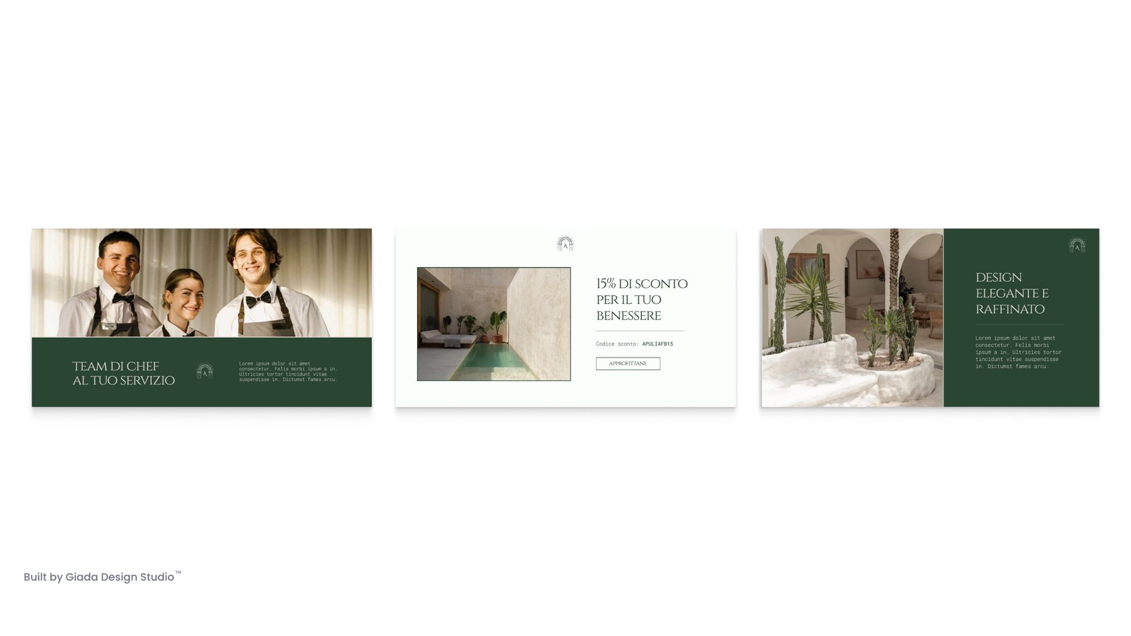Tre sezioni del sito Apulia: il team di chef al tuo servizio, la promozione «15% di sconto per il tuo benessere» e il design elegante e raffinato, su fondo verde bosco e bianco
