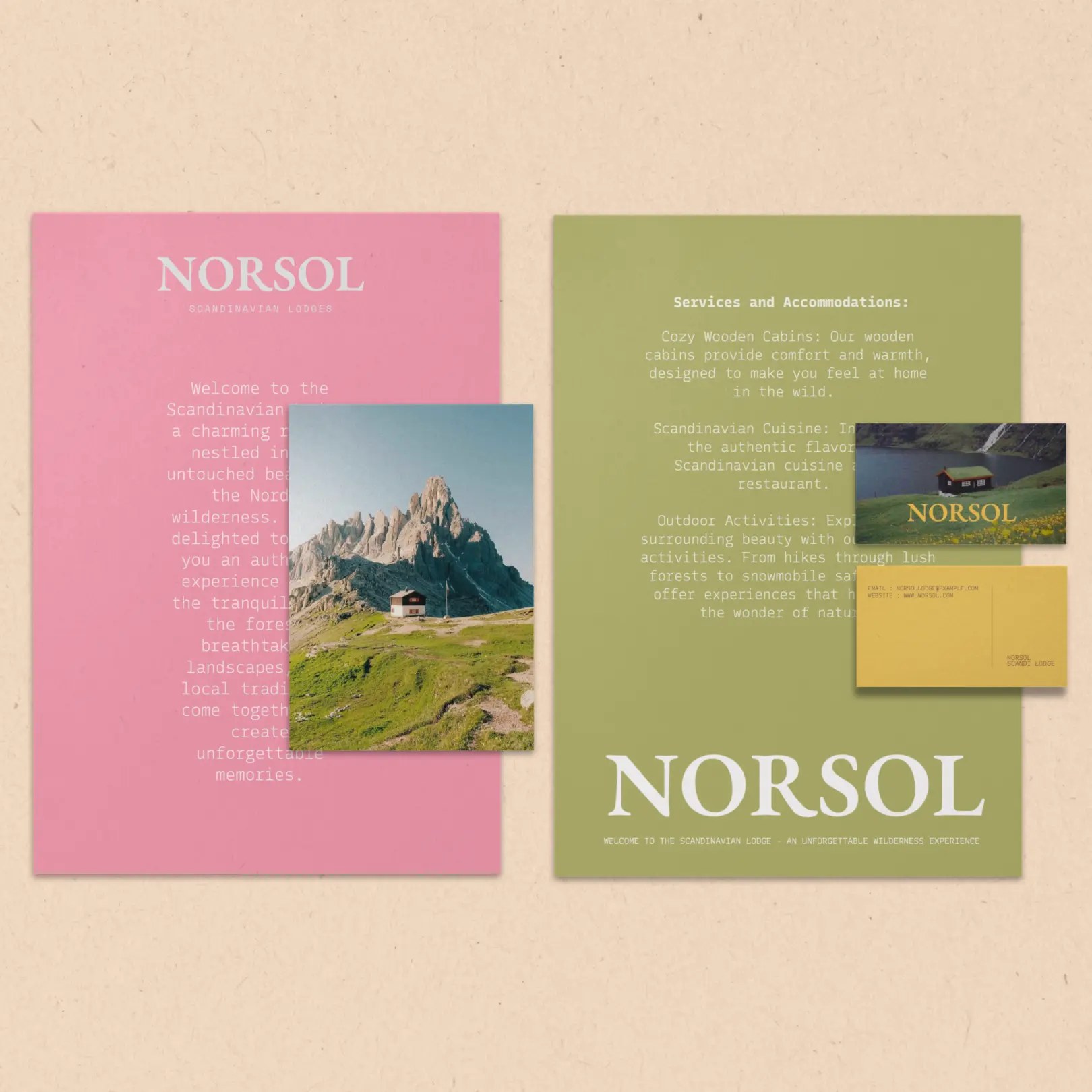 Cartoleria Norsol: cartolina rosa con testo di benvenuto e fotografia di cabina, cartolina verde oliva con i servizi, biglietto giallo con i recapiti