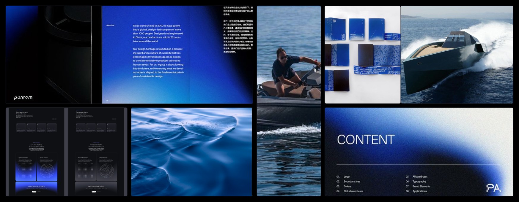 Board di riferimenti NextCore: sfumature blu elettrico, fotografie di barche veloci e acqua, brochure blu e una pagina di brand guidelines